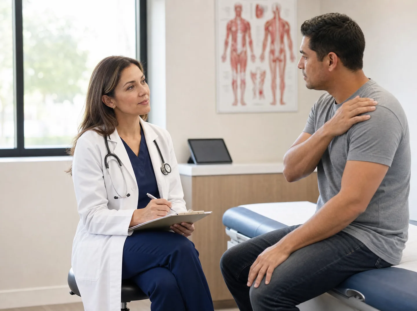 Stamp Medical physician taking a car accident patient’s history on a clipboard during an initial medical evaluation